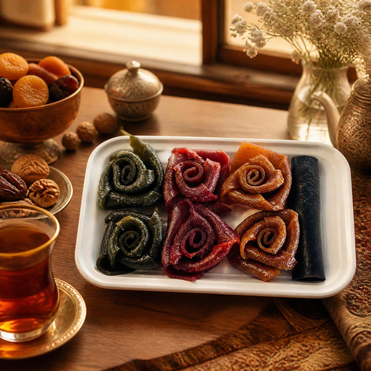 Rose-Shaped Lavashak with Fruit Sauce – Persian Fruit Leather