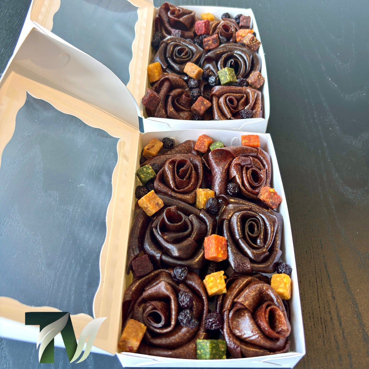 Persian Lavashak (Fruit leather) fgift box, rose shaped design by Tasty Vita fruit snack shop, cube fruits, dried sour cherry, chewy fruit product, healthy gift for birthday, holiday, christmas, and any occasions