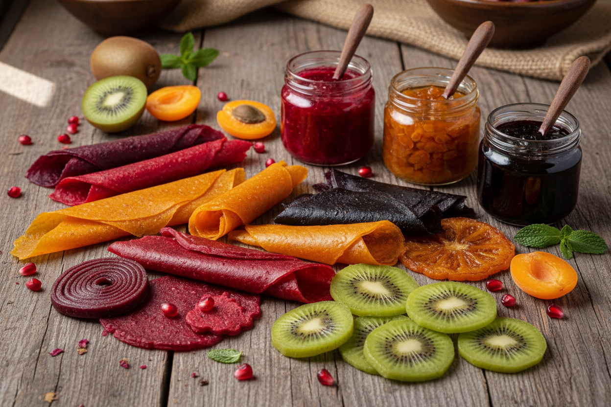 i need a photo for Lavashak and Torshak combo bundle. generate a photo showing a some different flavors of homemade Lavashaks and Persian Torshak