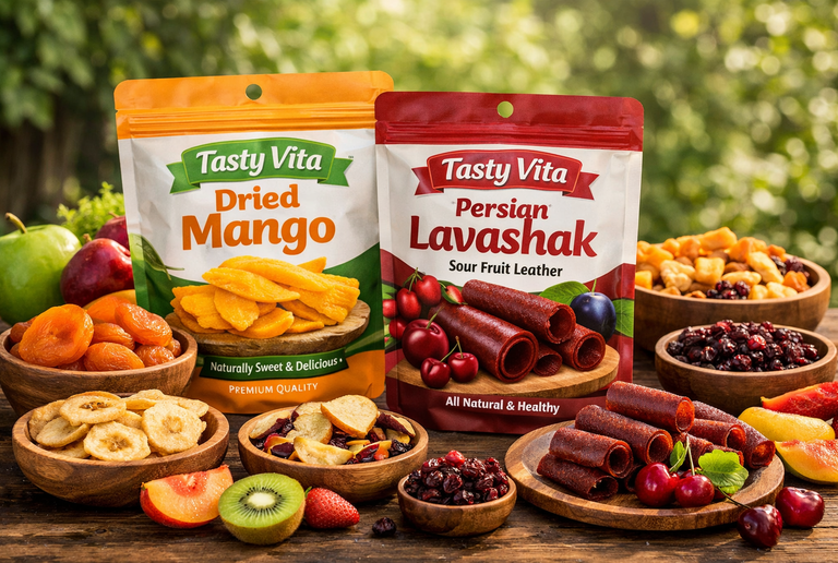 Tasty Vita dried mango and Persian Lavashak fruit leather displayed with dried apricots, banana chips, cherries, kiwi, and strawberries on a rustic wooden table, natural healthy fruit snacks for Canadians.
