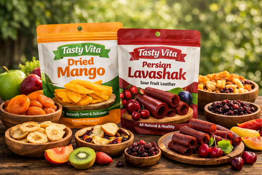 Tasty Vita dried mango and Persian Lavashak fruit leather displayed with dried apricots, banana chips, cherries, kiwi, and strawberries on a rustic wooden table, natural healthy fruit snacks for Canadians.