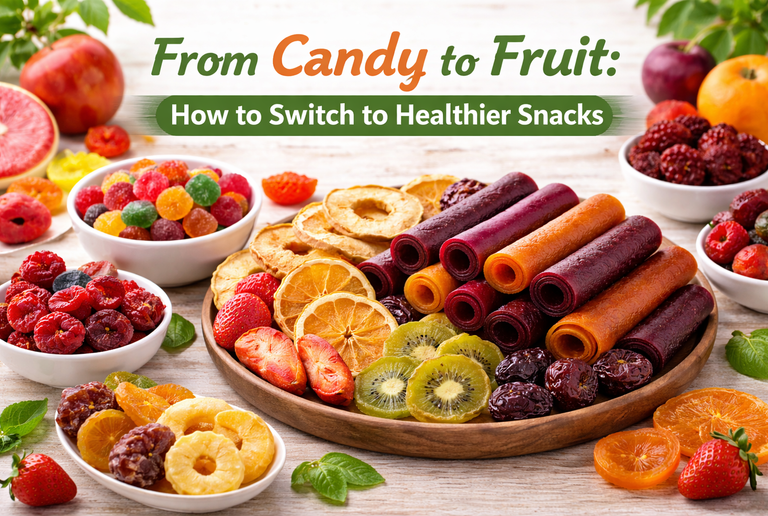 Healthy fruit snacks made with natural dried apples, dried oranges, dried strawberries, and fruit leather as a clean alternative to candy