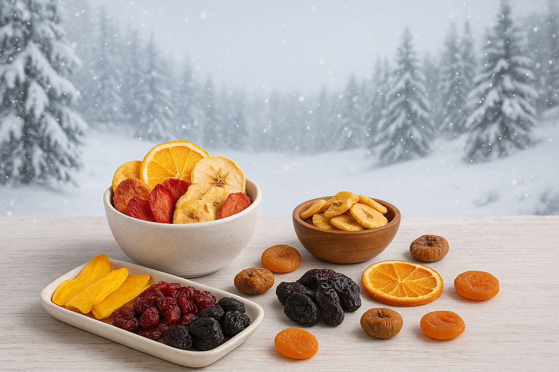 Healthy assortment of TastyVita natural dried fruits and fruit leather displayed on a wooden table, perfect for healthy winter snacking in Canada.