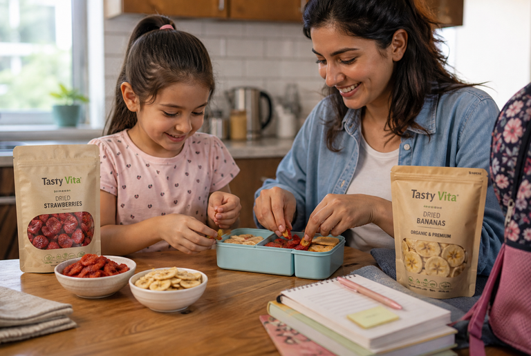 Healthy dried fruits for school snacks in a Canadian lunchbox with fruit leather and freeze-dried fruit