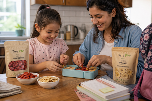 Healthy dried fruits for school snacks in a Canadian lunchbox with fruit leather and freeze-dried fruit