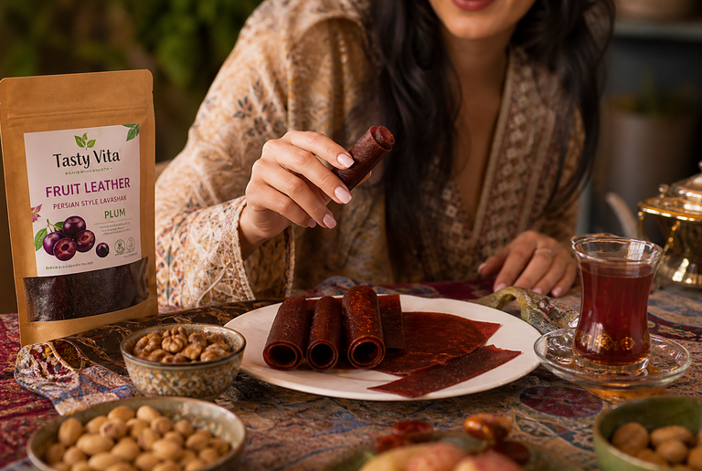 Persian fruit leather healthy snacking with Tasty Vita Sour Fruit Roll with Sour Sauce in a cozy Canadian kitchen