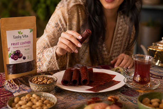 Persian fruit leather healthy snacking with Tasty Vita Sour Fruit Roll with Sour Sauce in a cozy Canadian kitchen
