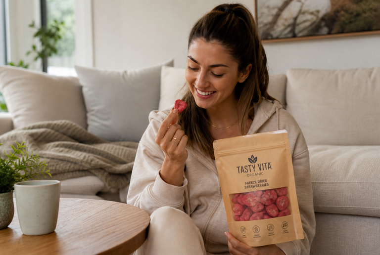 Freeze dried fruit snacks for healthy living with colorful crunchy fruits in a premium wellness snack setting