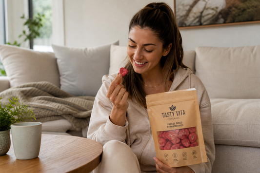 Freeze dried fruit snacks for healthy living with colorful crunchy fruits in a premium wellness snack setting