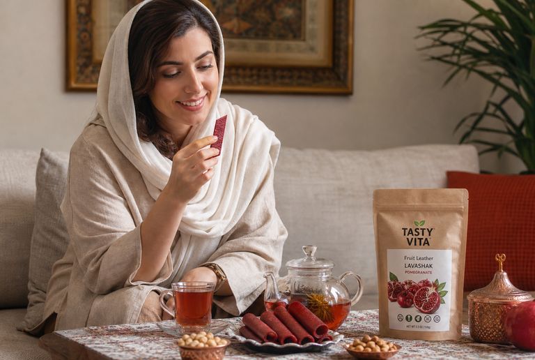 Traditional Iranian snacks with Persian Lavashak, dried fruits and freeze-dried fruits on a cozy healthy snack table