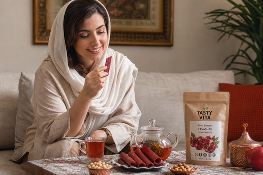 Traditional Iranian snacks with Persian Lavashak, dried fruits and freeze-dried fruits on a cozy healthy snack table