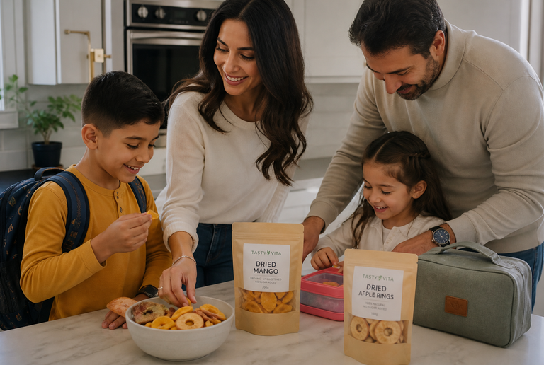 Healthy dried fruit snacks for busy families with freeze-dried fruits, dried mango, Lavashak, and plant-based snack ideas