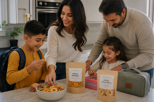 Healthy dried fruit snacks for busy families with freeze-dried fruits, dried mango, Lavashak, and plant-based snack ideas