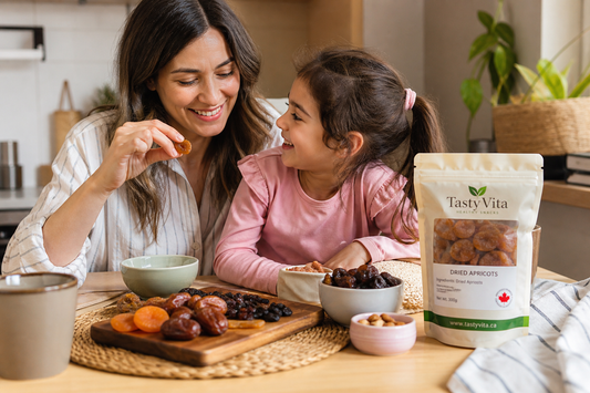 Healthy snack ideas with Tasty Vita Dried Kiwis in a cozy Canadian kitchen