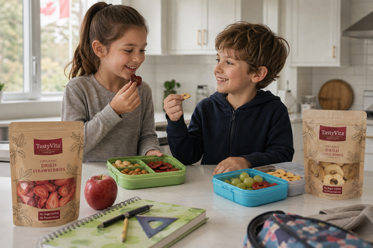 Healthy school snacks for kids in Canada with dried fruits, freeze-dried fruits, Lavashak and vegetable chips in a lunchbox