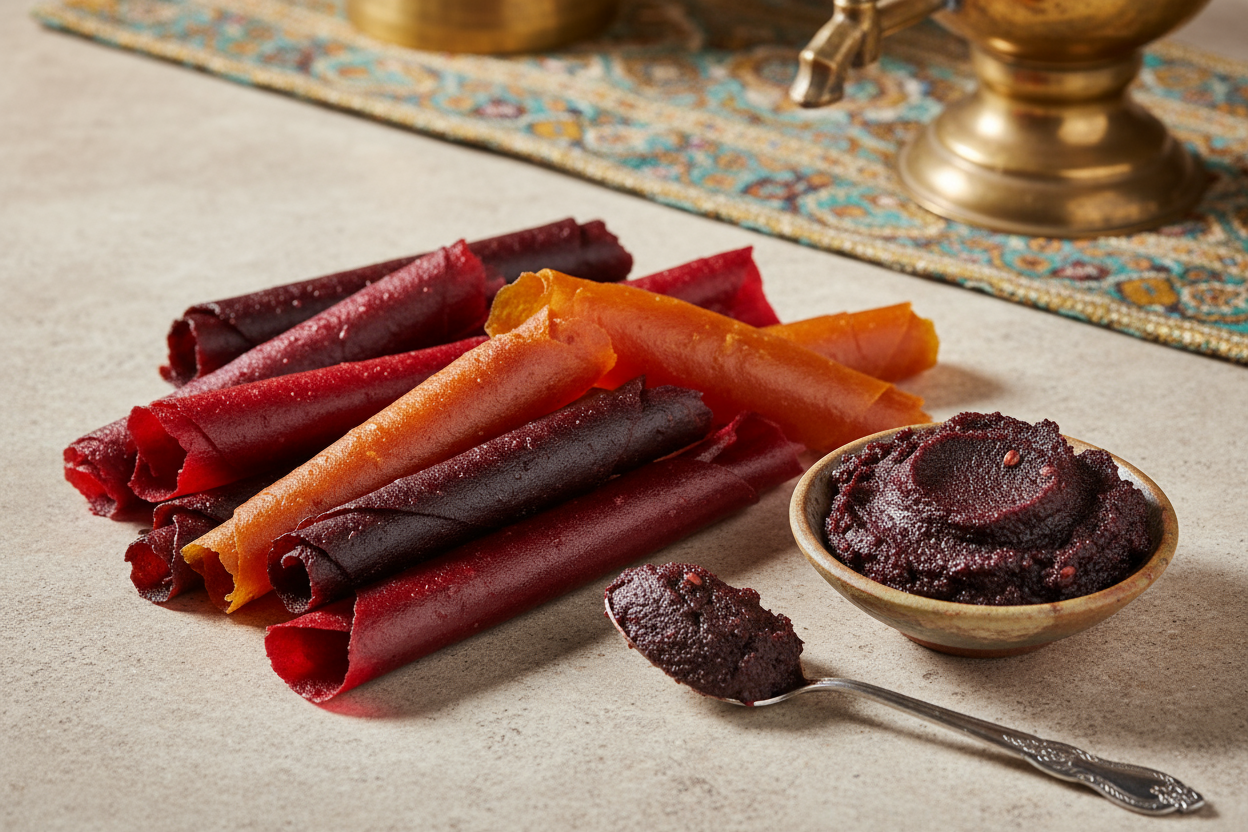 Lavashak, Iranian fruit leather, healthy fruit snack, vegan, vegetarian