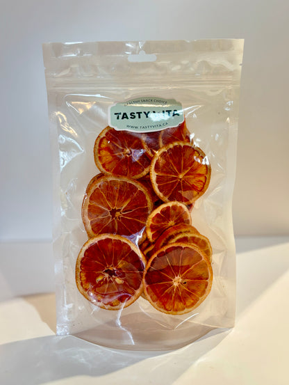 Natural Dried oranges, no sugar, healthy fruit snack in Canada & the US.Tasty Vita online store in Vancouver, dehydrated fruits, citrus, vegan, vegetarian treat.