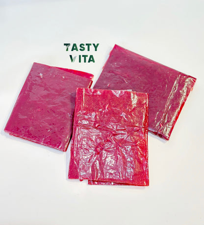 Tasty Vita pomegranate fruit leather rolls, Iranian Lavashak, handmade fruit roll-ups, no sugar natural fruit snack, vegan, vegetarian snack in Canada & the US.