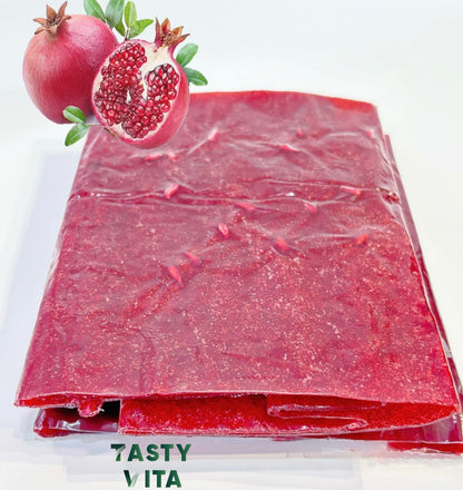 Tasty Vita pomegranate fruit leather rolls, Iranian Lavashak, handmade fruit roll-ups, no sugar natural fruit snack, vegan, vegetarian snack in Canada & the US.