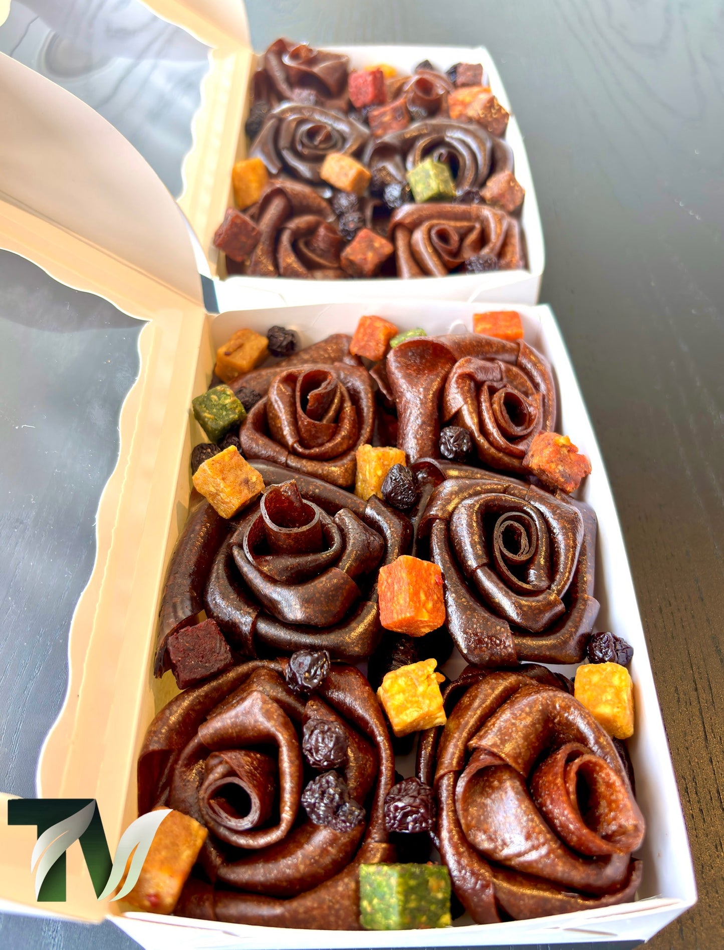 Persian Lavashak (Fruit leather) fgift box, rose shaped design by Tasty Vita fruit snack shop, cube fruits, dried sour cherry, chewy fruit product, healthy gift for birthday, holiday, christmas, and any occasions 