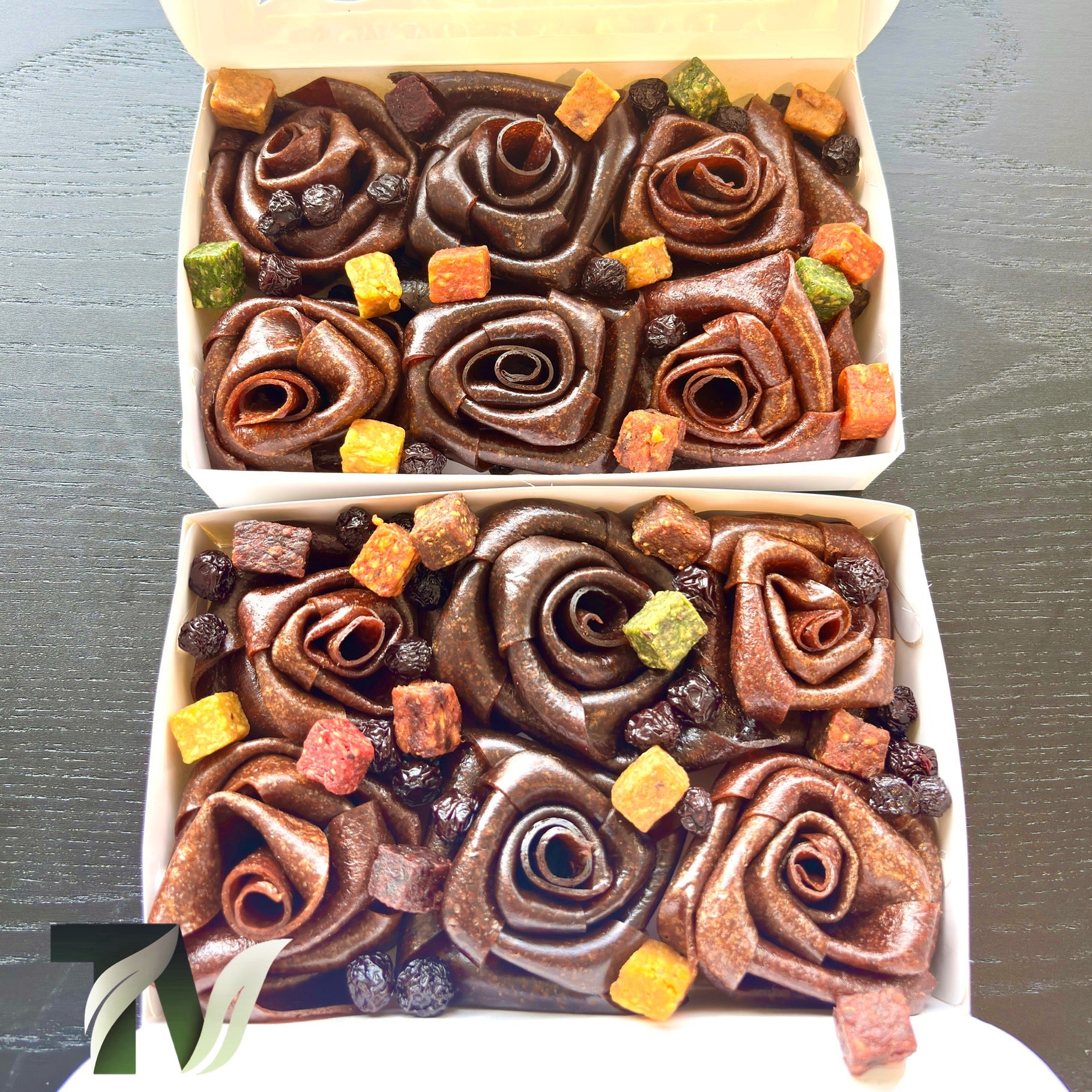 Persian Lavashak (Fruit leather) fgift box, rose shaped design by Tasty Vita fruit snack shop, cube fruits, dried sour cherry, chewy fruit product, healthy gift for birthday, holiday, christmas, and any occasions 