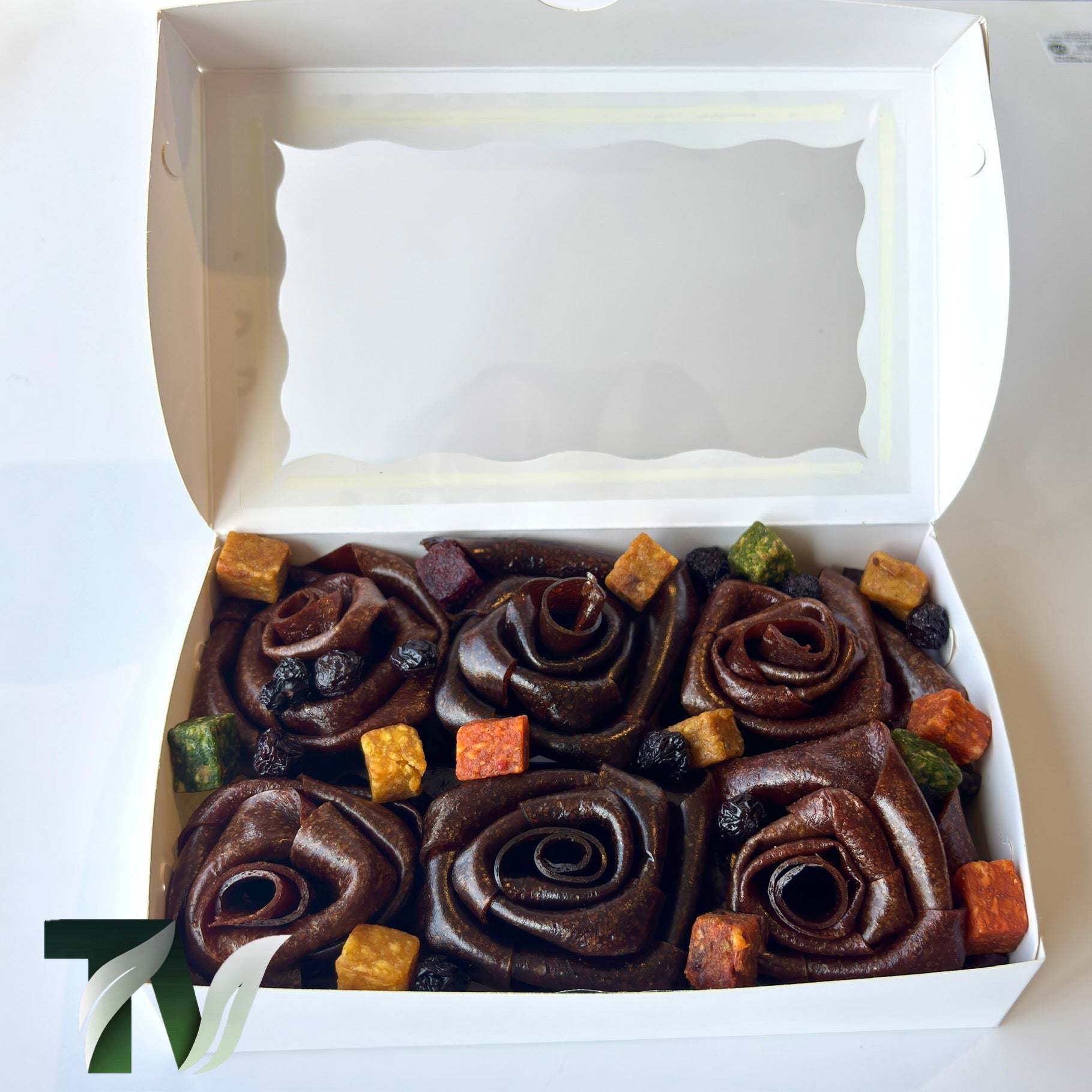 Persian Lavashak (Fruit leather) fgift box, rose shaped design by Tasty Vita fruit snack shop, cube fruits, dried sour cherry, chewy fruit product, healthy gift for birthday, holiday, christmas, and any occasions 