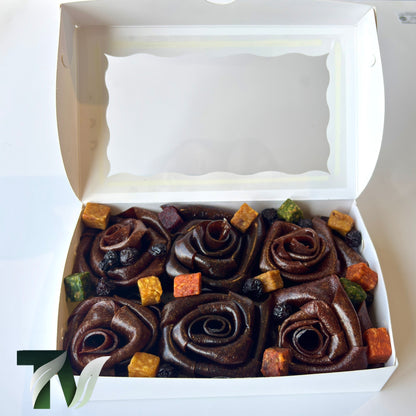 Persian Lavashak (Fruit leather) fgift box, rose shaped design by Tasty Vita fruit snack shop, cube fruits, dried sour cherry, chewy fruit product, healthy gift for birthday, holiday, christmas, and any occasions 