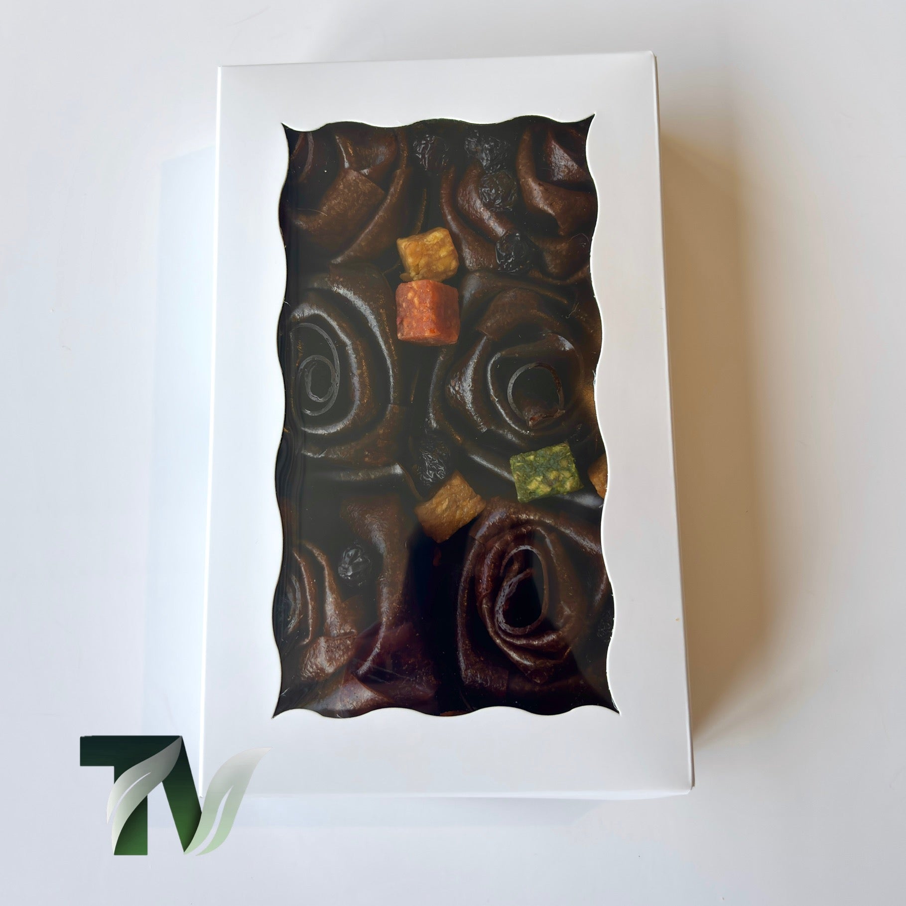 Persian Lavashak (Fruit leather) fgift box, rose shaped design by Tasty Vita fruit snack shop, cube fruits, dried sour cherry, chewy fruit product, healthy gift for birthday, holiday, christmas, and any occasions 