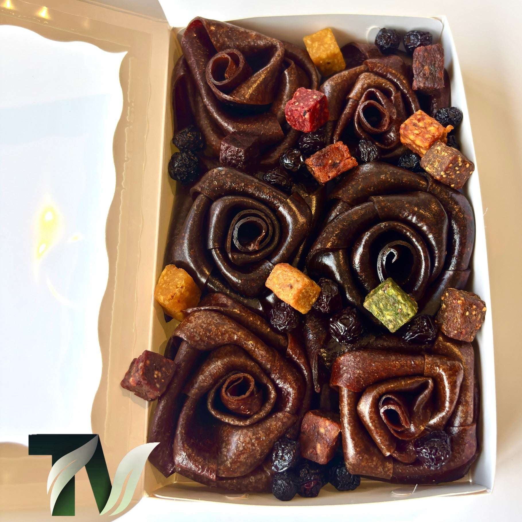 Persian Lavashak (Fruit leather) fgift box, rose shaped design by Tasty Vita fruit snack shop, cube fruits, dried sour cherry, chewy fruit product, healthy gift for birthday, holiday, christmas, and any occasions 