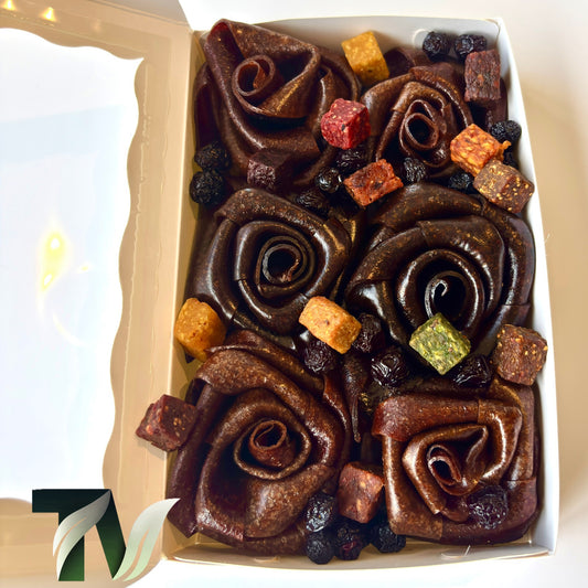 Persian Lavashak (Fruit leather) fgift box, rose shaped design by Tasty Vita fruit snack shop, cube fruits, dried sour cherry, chewy fruit product, healthy gift for birthday, holiday, christmas, and any occasions 