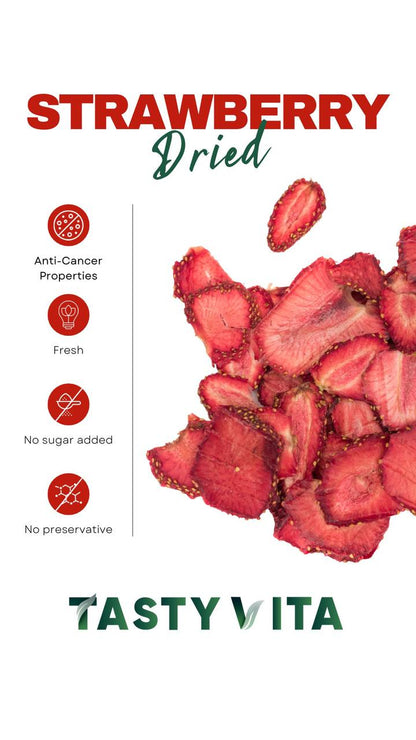 natural dried strawberry, no sugar, healthy, delicious fruit snack, vegan, vegetarian, delivery across Canada & United States, Tasty Vita dehydrated fruit snacks shop in Vancouver