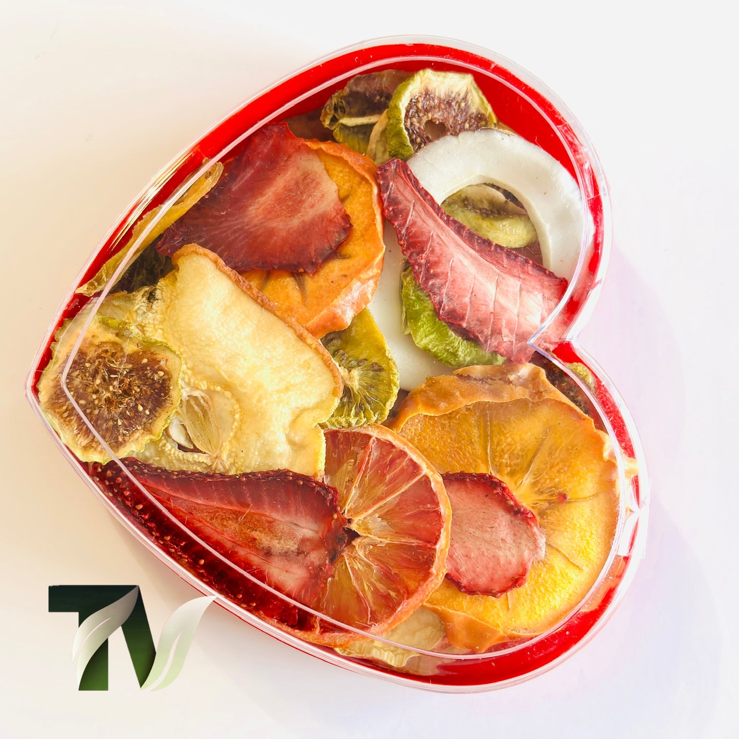 Crystal heart box of assorted dried fruits — healthy, vegan, and beautifully packaged for gifting.