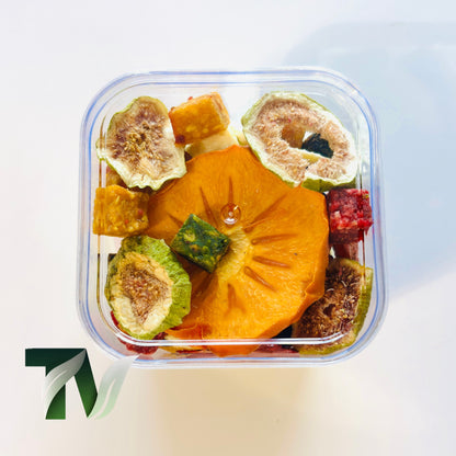 Elegant clear cup filled with gourmet dried fruits, perfect healthy and vegan edible gift box.