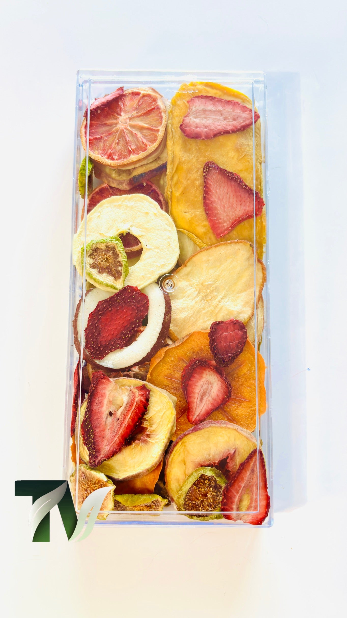 Premium clear gift box of assorted dried fruits — beautiful edible gift for holidays or special occasions.