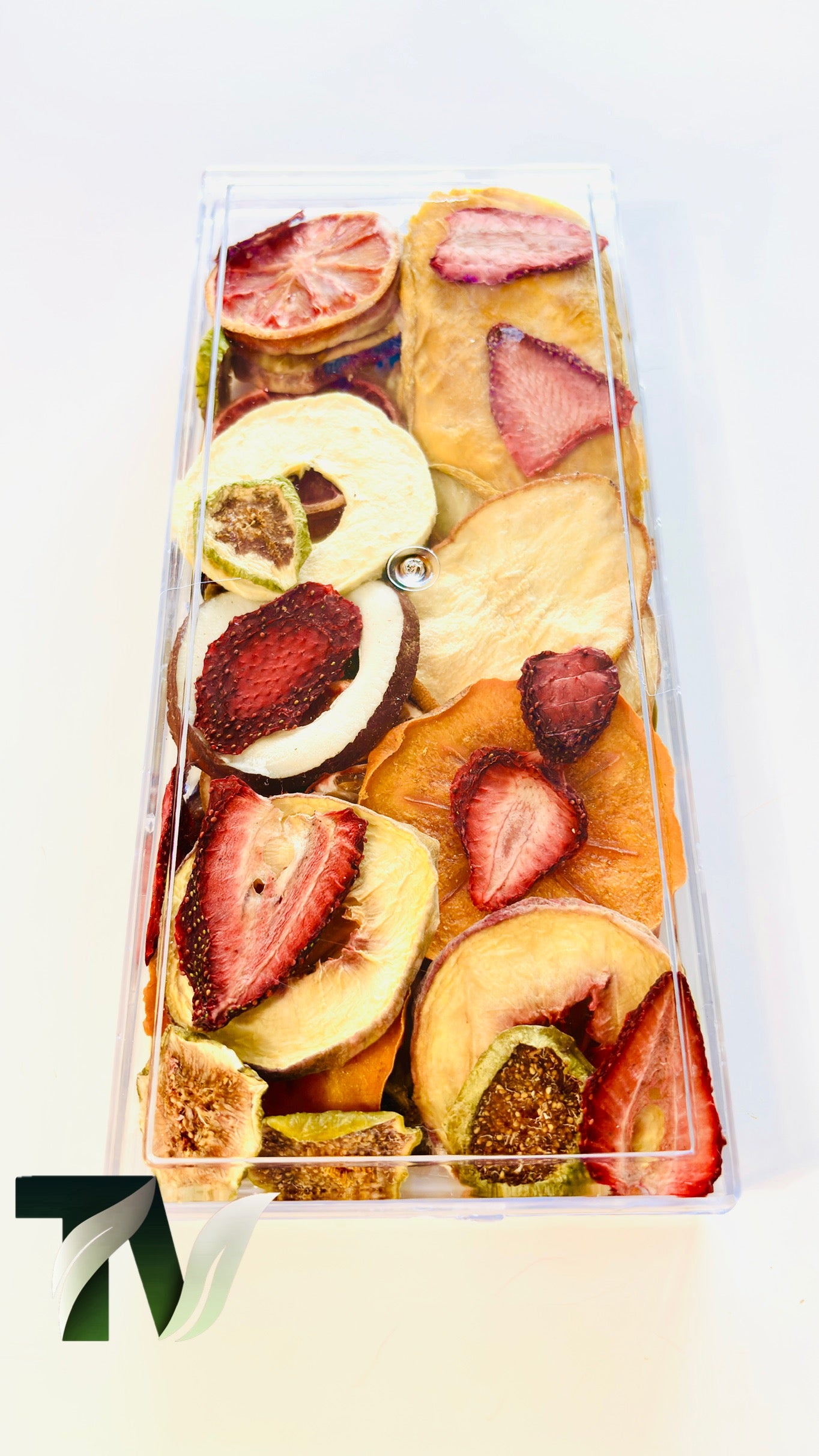 Premium clear gift box of assorted dried fruits — beautiful edible gift for holidays or special occasions.