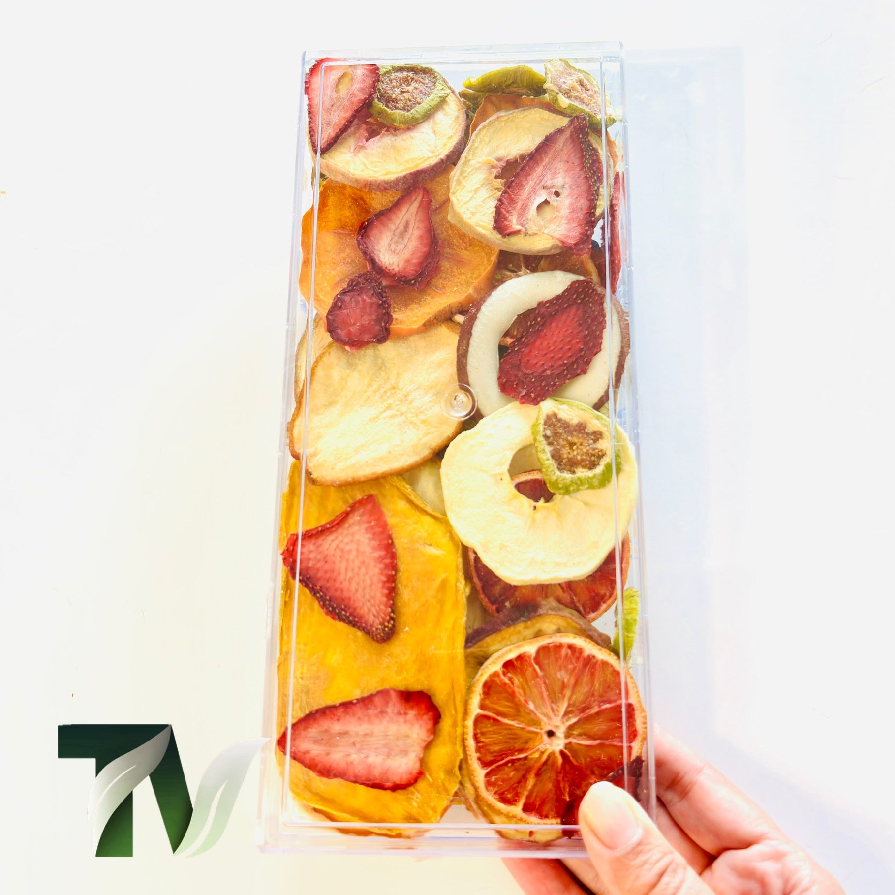Luxury dried fruit mix in clear crystal box — vegan, sugar-free, and perfect for gifting or snacking.