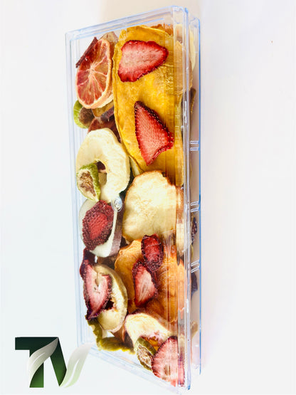 Natural mixed dried fruits in clear crystal box — perfect healthy vegan gift for holidays and birthdays.