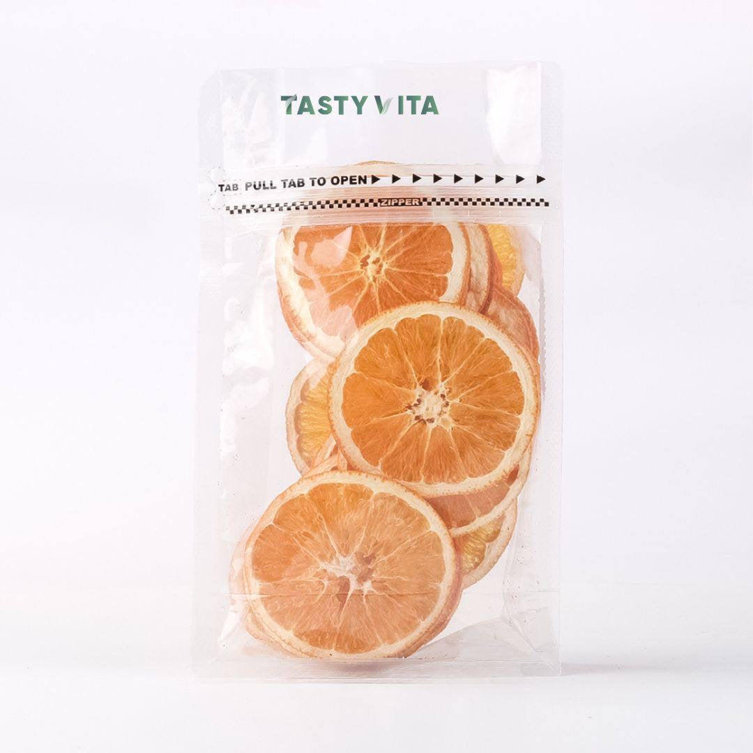 Dried oranges package, healthy fruit snack, dehydrated citrus