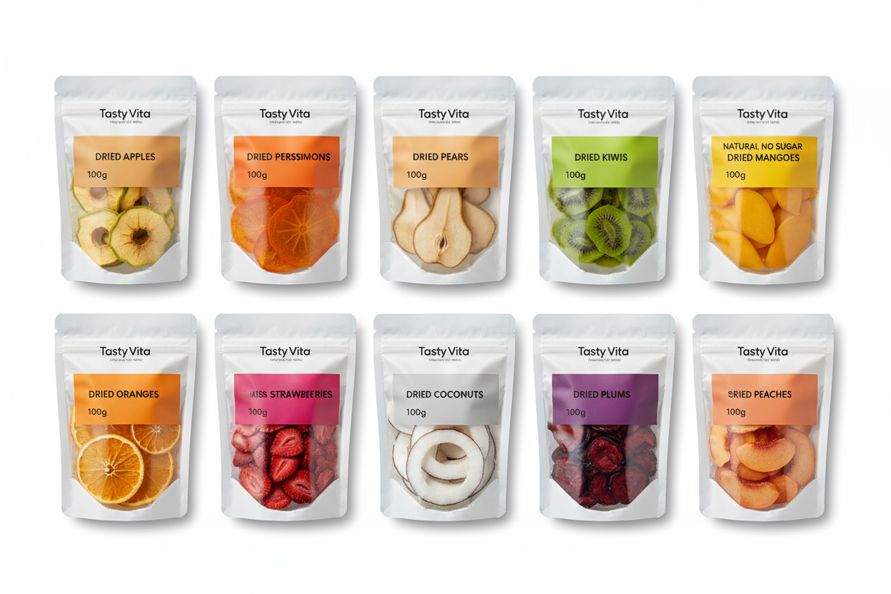 dried mangoes, dried apples, dried pear, dried kiwi, dry orange, dry strawberry, dehydrated plums, fruit snack packs