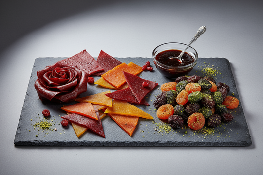 Persian Lavashak, Fruit leather, natural dried fruits, and Persian Torshak on a tray