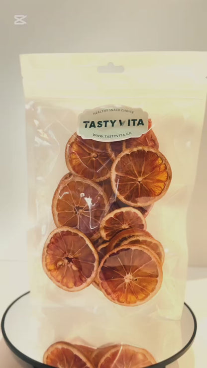 Natural Dried oranges, no sugar, healthy fruit snack in Canada & the US.Tasty Vita online store in Vancouver, dehydrated fruits, citrus, vegan, vegetarian treat.