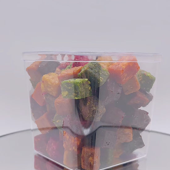 Delicious cube-sliced dried fruits in a transparent gift cup. Includes fig, kiwi, pear, apple, banana, peach & more. Ships to Canada & the US. vegan, vegetarian, fruit chip, natural healthy snack, Persian delight