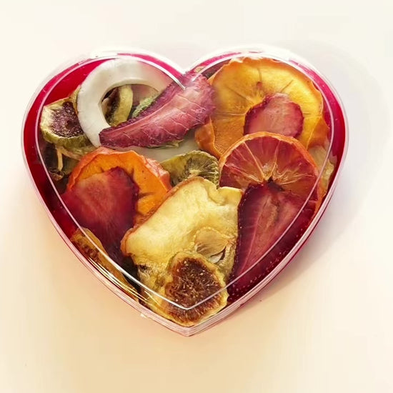 Luxury heart fruit gift box with dried apple, kiwi, plum, and peach — sugar-free and natural.